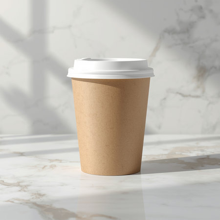 Large Kraft Coffee Cup Mockup with Lid on Marble Countertop â Premium Realistic Beverage Packaging for CafÃ© or Branding Designの素材