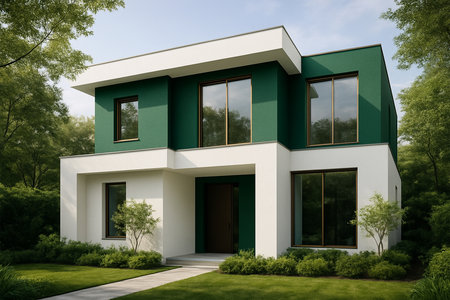 Emerald Modernist â Stylish Exterior Design with Emerald Green Accent Walls, White Base, Brass-Framed Windows, and Natural Surroundingsの素材