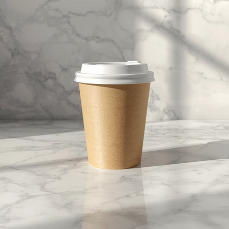 Large Kraft Coffee Cup Mockup with Lid on Marble Countertop â Premium Realistic Beverage Packaging for CafÃ© or Branding Designの素材
