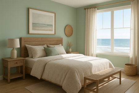 Ocean Driftwood â Relaxed Coastal Bedroom Interior with Seafoam Green Walls, Driftwood Textures, Linen Fabrics, and Sunlit Ocean Viewの素材