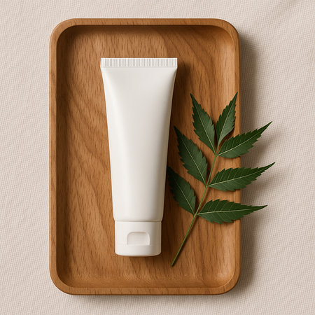White Facewash Tube Mockup Flat Lay on Wooden Tray with Fresh Nim Leaf â Premium Skincare Product Presentationの素材