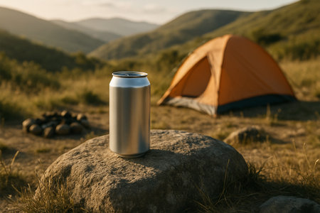 Silver Juice Can Mockup on Large Stone Beside Camp â Premium Outdoor Beverage Presentation in Scenic Hills Environmentの素材