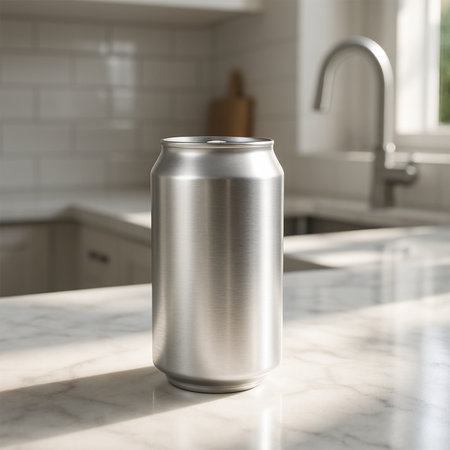 Premium Silver Juice Can Mockup on White Marble Table â Sunlit Kitchen Setup for Modern Beverage Product Presentationの素材