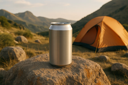 Silver Juice Can Mockup on Large Stone Beside Camp â Premium Outdoor Beverage Presentation in Scenic Hills Environmentの素材