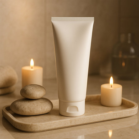 Premium White Facewash Tube Mockup on Tray with Stones and Candles â Spa Vibe Setup on Table in Elegant Bathroom Interiorの素材