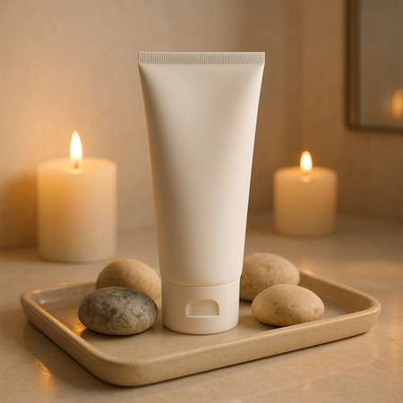 Premium White Facewash Tube Mockup on Tray with Stones and Candles â Spa Vibe Setup on Table in Elegant Bathroom Interiorの素材
