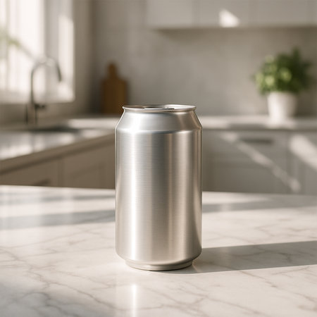 Premium Silver Juice Can Mockup on White Marble Table â Sunlit Kitchen Setup for Modern Beverage Product Presentationの素材