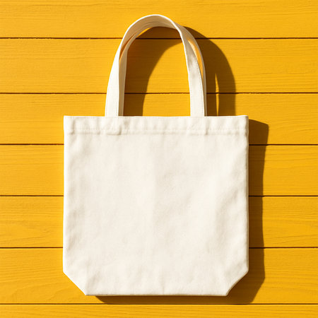 White Tote Bag Mockup Flat Lay on Yellow Wooden Background â Premium Minimalist Product Presentation for Fashion and Accessoriesの素材