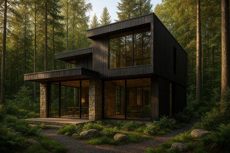 Forest Retreat â Premium hyper-realistic exterior design of a modern house with dark wood, stone accents, glass panels, and lush surrounding greeneryの素材