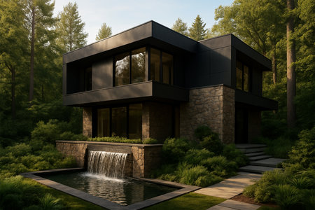 Hidden Haven Villa â Hyper-realistic exterior of a modern villa with dark facade, lush greenery, and elegant cascading water featuresの素材
