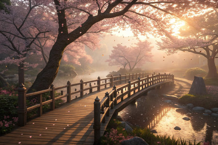 Cherry Blossom Glow Bridge â A serene wooden bridge glowing under soft pink cherry blossoms, bathed in warm golden sunlight, dreamy atmosphereの素材