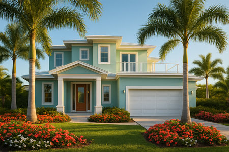 Turquoise Haven â Hyper-realistic exterior of a modern house with soft turquoise walls, white trim, palm trees, and vibrant flower bedsの素材