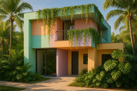 Tropical Aurora House â Hyper-realistic exterior of a modern house with pastel mint, peach, lavender, and soft yellow panels, surrounded by tropical foliageの素材