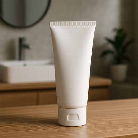 White Facewash Tube Mockup â Product-focused hyper-realistic display on a wooden table in a modern washroom setting, premium presentationの素材