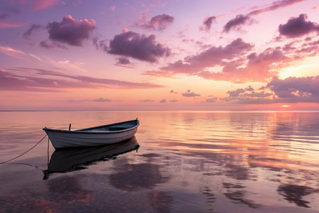 Sunset Glow Waves â Warm peach and lavender sunset light reflecting over gentle rolling waves with a lone empty boat, serene seascapeの素材