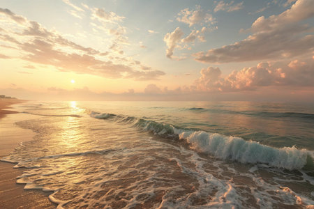 Golden Horizon â Soft golden sunlight reflecting over calm sea waves beneath a pastel sky gradient, serene and dreamy seascapeの素材