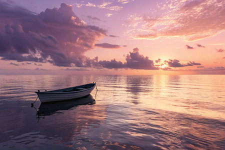 Sunset Glow Waves â Warm peach and lavender sunset light reflecting over gentle rolling waves with a lone empty boat, serene seascapeの素材