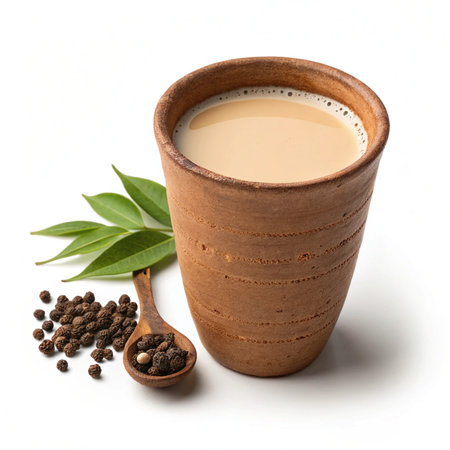 Premium Milk Tea in Clay Glass â Minimalist Clean Background, Product-Focused Lifestyle Presentationの素材