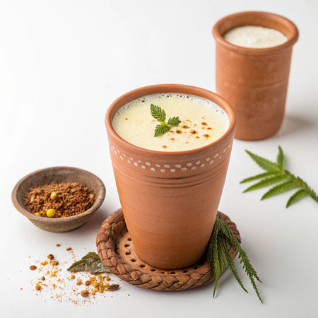 Premium Lassi in Clay Glass â Minimalist Clean Background, Product-Focused Lifestyle Presentationの素材