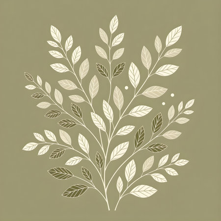 Muted Terrarium â Geometric Line-Art Foliage in Olive, Sage & Cream Tones, Premium Illustration for Modern Bed Sheet Printの素材