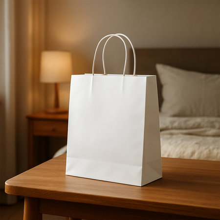 White Shopping Bag Mockup on Wooden Table in Bedroom â Product-Focused, Premium Lifestyle Presentationの素材