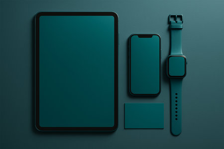 Peacock Blue â Vibrant Deep Blue with Green Hints Branding Kit Mockup Featuring Tablet, Smartphone, Smartwatch & Business Cardの素材