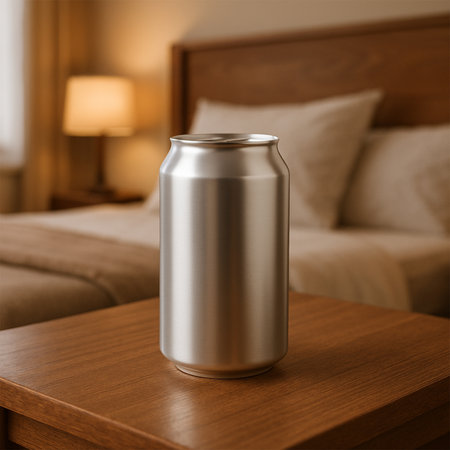 Premium Silver Juice Can Mockup on Wooden Table in Bedroom â Product-Focused, High-Quality Lifestyle Presentationの素材