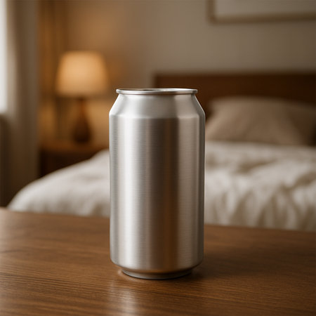 Premium Silver Juice Can Mockup on Wooden Table in Bedroom â Product-Focused, High-Quality Lifestyle Presentationの素材