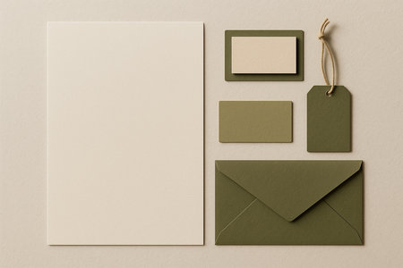 Olive Earth Tone Set â Olive Green, Beige & Off-White Branding Kit Mockup with Letterhead, Business Card, Tag & Envelopeの素材