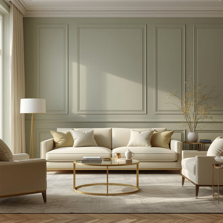 Sage & Cream Serenity â Soft Sage Walls with Cream Furniture and Golden Accents, Premium Living Room Interior Focusの素材