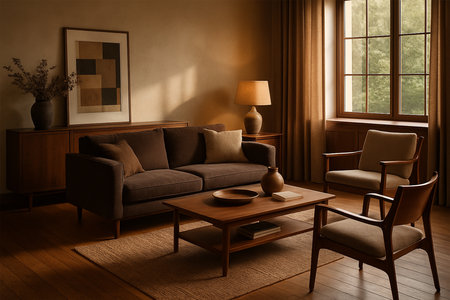 Premium Wooden-Style Living Room Interior with Window, High-Resolution, Warm Natural Light, and Elegant Modern Designの素材