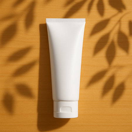 Premium White Facewash Tube Mockup on Yellow Wooden Background with Leaf Shadow, High-Resolution and Realistic Cosmetic Displayの素材