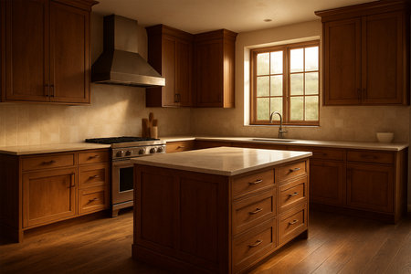 Premium Wooden-Style Kitchen Interior with Window, High-Resolution, Warm Natural Light, and Elegant Modern Designの素材