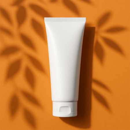 Premium White Facewash Tube Mockup on Vibrant Orange Background with Natural Leaf Shadow, High-Resolution and Realistic Presentationの素材
