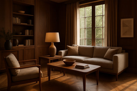 Premium Wooden-Style Living Room Interior with Window, High-Resolution, Warm Natural Light, and Elegant Modern Designの素材