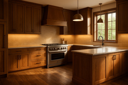 Premium Wooden-Style Kitchen Interior with Window, High-Resolution, Warm Natural Light, and Elegant Modern Designの素材