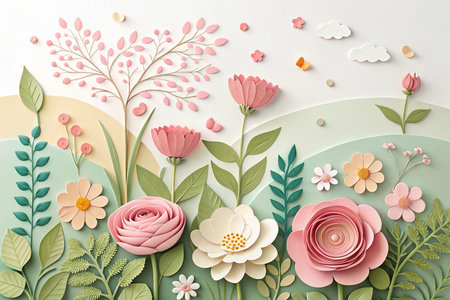 Paper Cut Style Flower Garden, Layered 3D Floral Design with Soft Shadows and Vibrant Colors, Premium High-Resolution Illustrationの素材