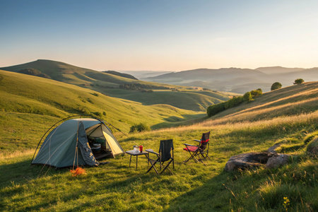 Peaceful Hill Camp under Sunlight, Empty Landscape with Warm Golden Glow and Serene Natural Atmosphere, High-Resolutionの素材