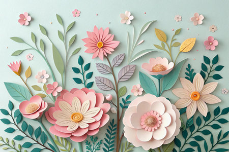 Paper Cut Style Flower Garden, Layered 3D Floral Design with Soft Shadows and Vibrant Colors, Premium High-Resolution Illustrationの素材
