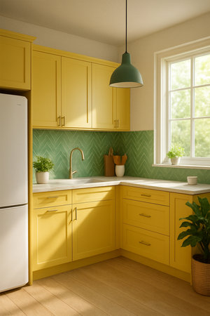 Yellow, Green, and White Kitchen Interior with Sunlightの素材