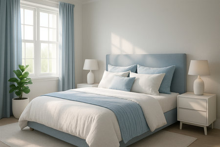 Blue and White Bedroom Interior with Sunlightの素材