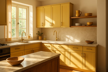 Premium Kitchen Interior â Yellow and wood tones with stone countertops, sunlight streaming through a large window, warm and modern design.の素材