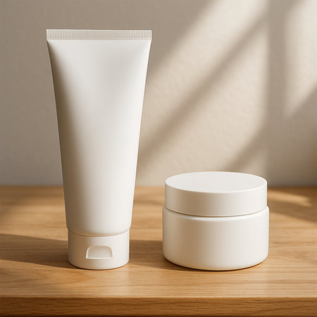 Premium white facewash tube and cream jar mockup on a natural wooden table, well-lit, highlighting clean, minimal, elegant skincare packaging.の素材