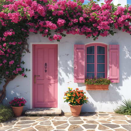 Mediterranean White Cottage with Pink Door and Blooming Bougainvilleaの素材