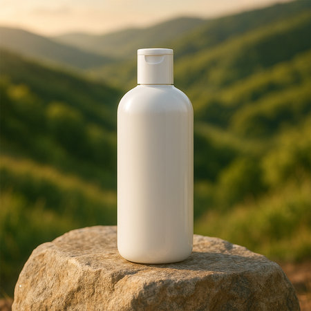 White Shampoo Bottle on Stone in Scenic Hillsの素材