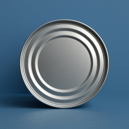 Silver Circle Food Can Mockup â Front View on Blue Backgroundの素材