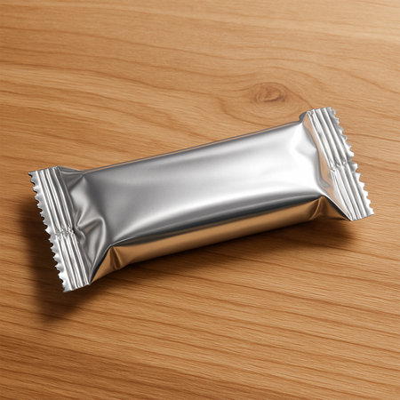 Silver Foil Snack Bar on Wooden Surface â Premium Mockupの素材