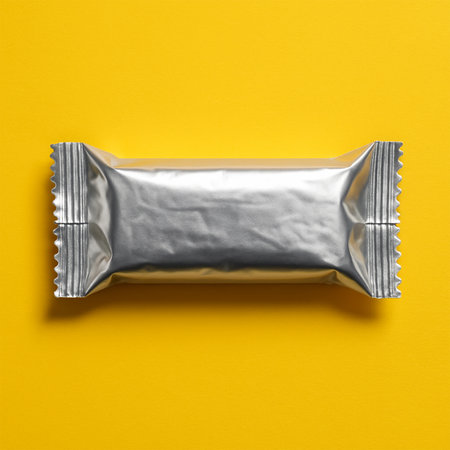 Silver Foil Snack Bar on Yellow Background â Premium Mockupの素材