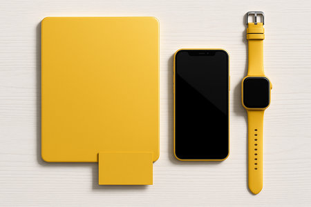 Premium Yellow Matte Branding Kit Mockup on White Wooden Backgroundの素材