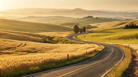 Golden Wheat Hills â Sunlit Fields and Rolling Roadsの素材